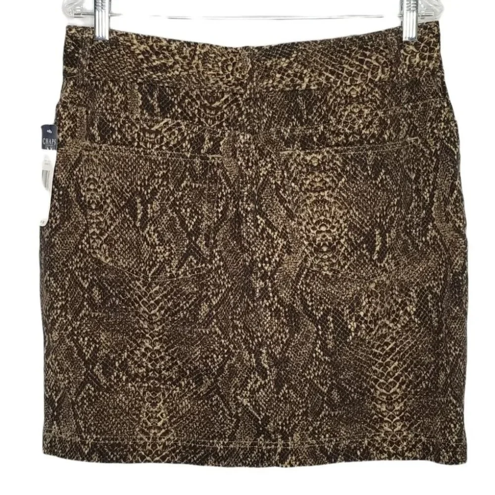 Chaps NWT Size 12 Skirt Knee Snake Reptile Print Stretch Denim Pockets Brown - Picture 2 of 7